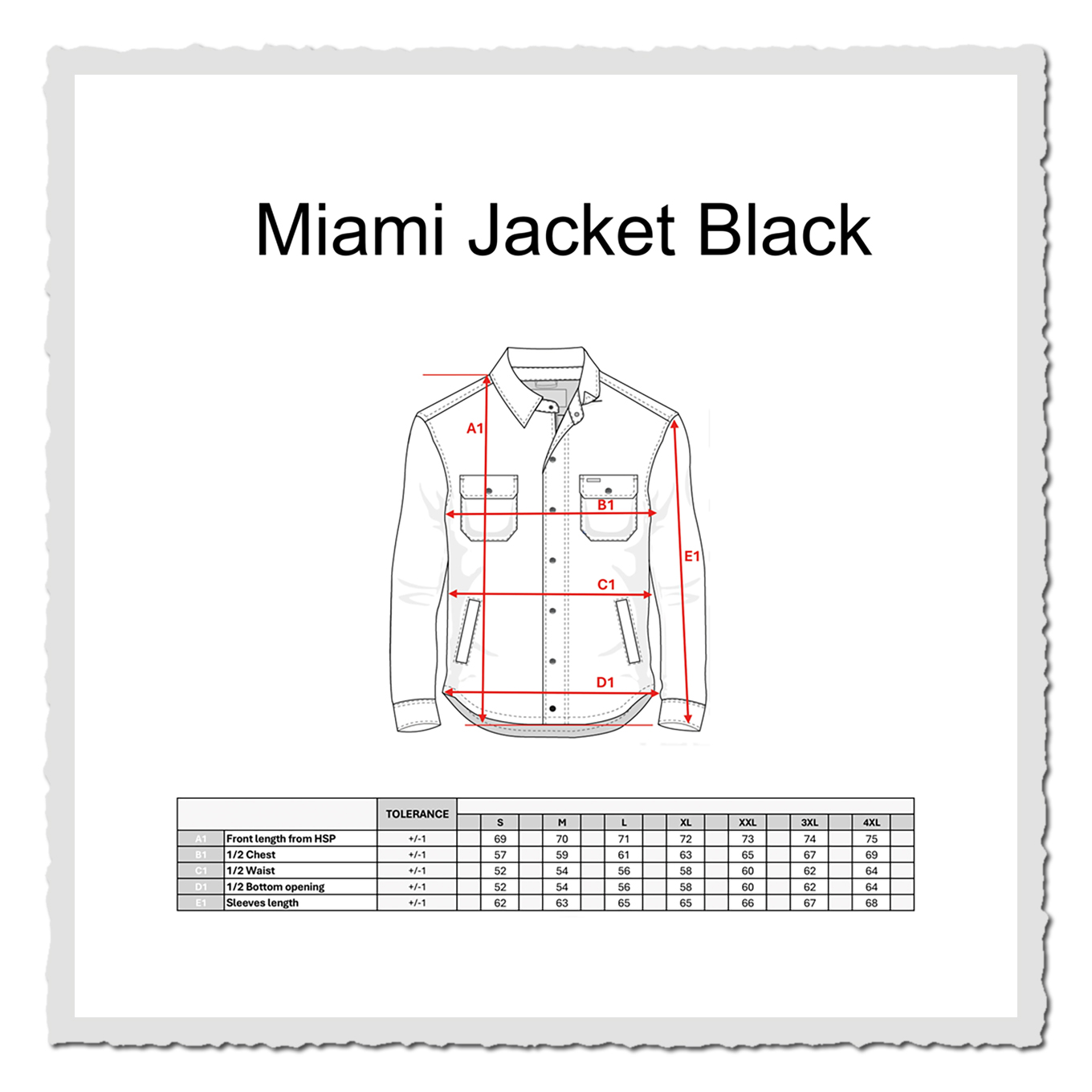 Produktgrafik mit Masstabelle der Mesh Jacke Miami Black